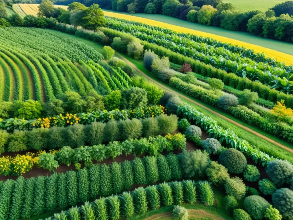 Un paisaje exuberante de agroforestería con árboles frutales entre cultivos de maíz, frijoles y calabaza