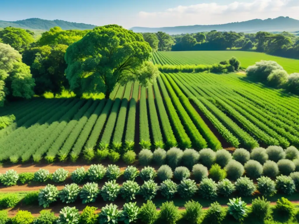 Un paisaje exuberante de agroforestería con cultivos verdes y árboles majestuosos