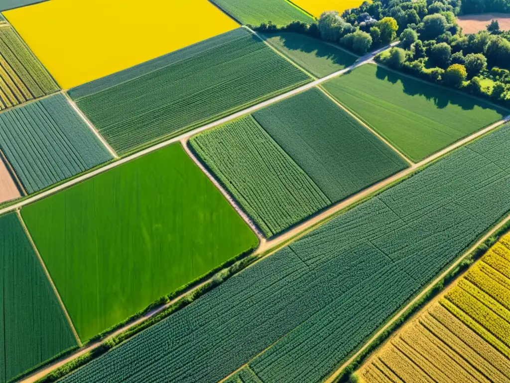 Un paisaje agrícola exuberante con campos, cultivos y sistemas de riego, mostrando la importancia de los ecosistemas para seguridad alimentaria