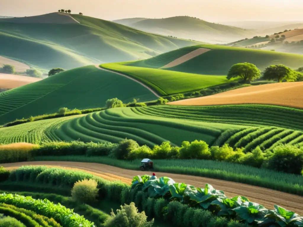 Un paisaje exuberante con colinas, campos y cultivos vibrantes en crecimiento