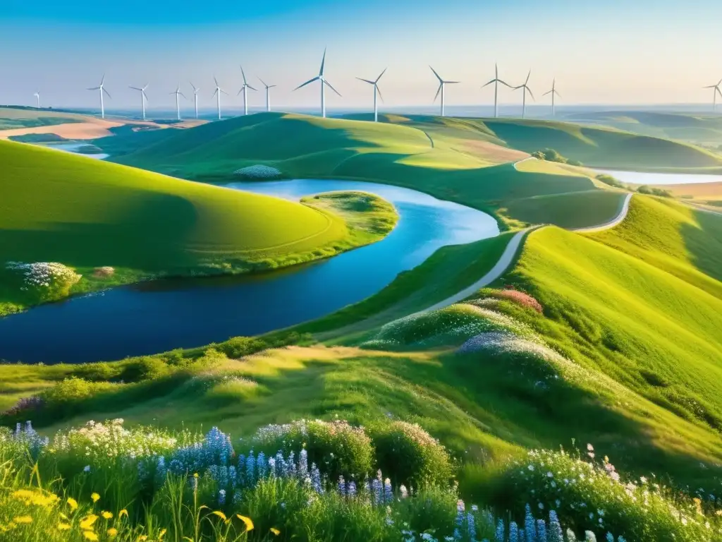 Un paisaje exuberante con colinas cubiertas de verde vibrante y flores silvestres