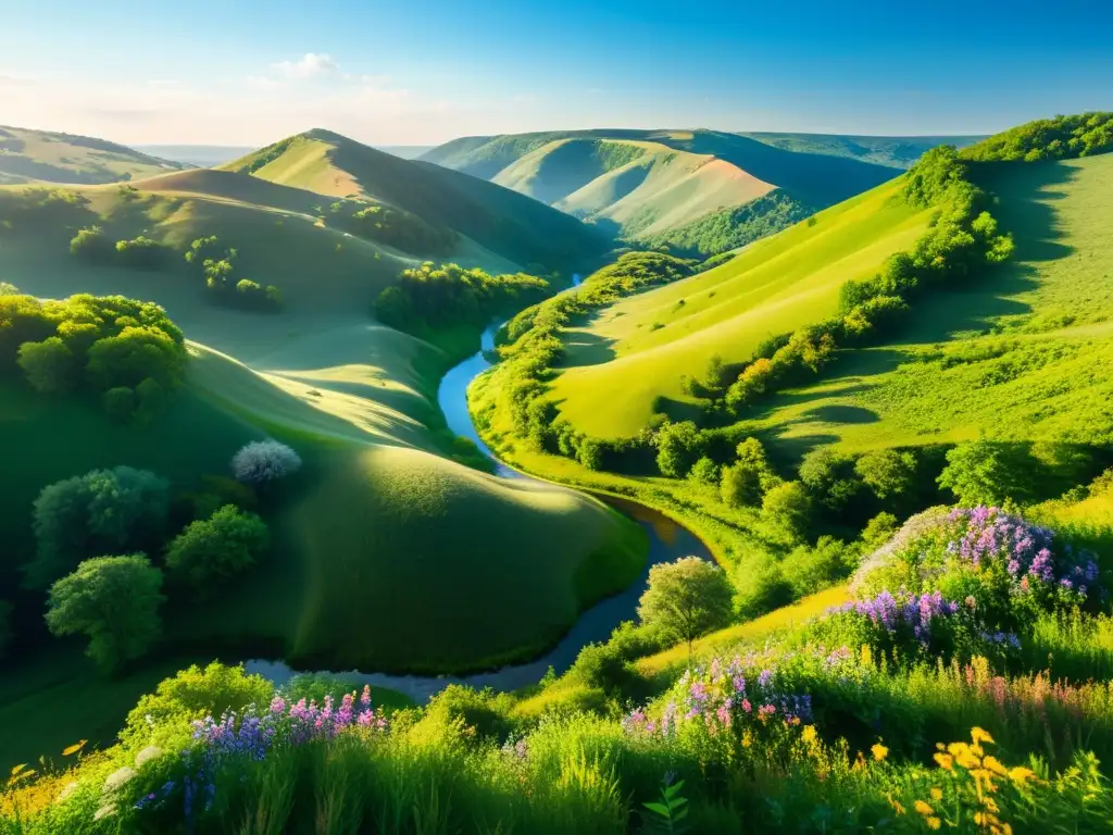 Un paisaje exuberante con colinas, río y flores silvestres