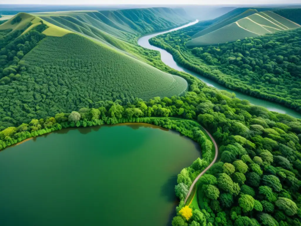 Un paisaje exuberante y diverso con bosques verdes, ríos serpenteantes y colinas onduladas