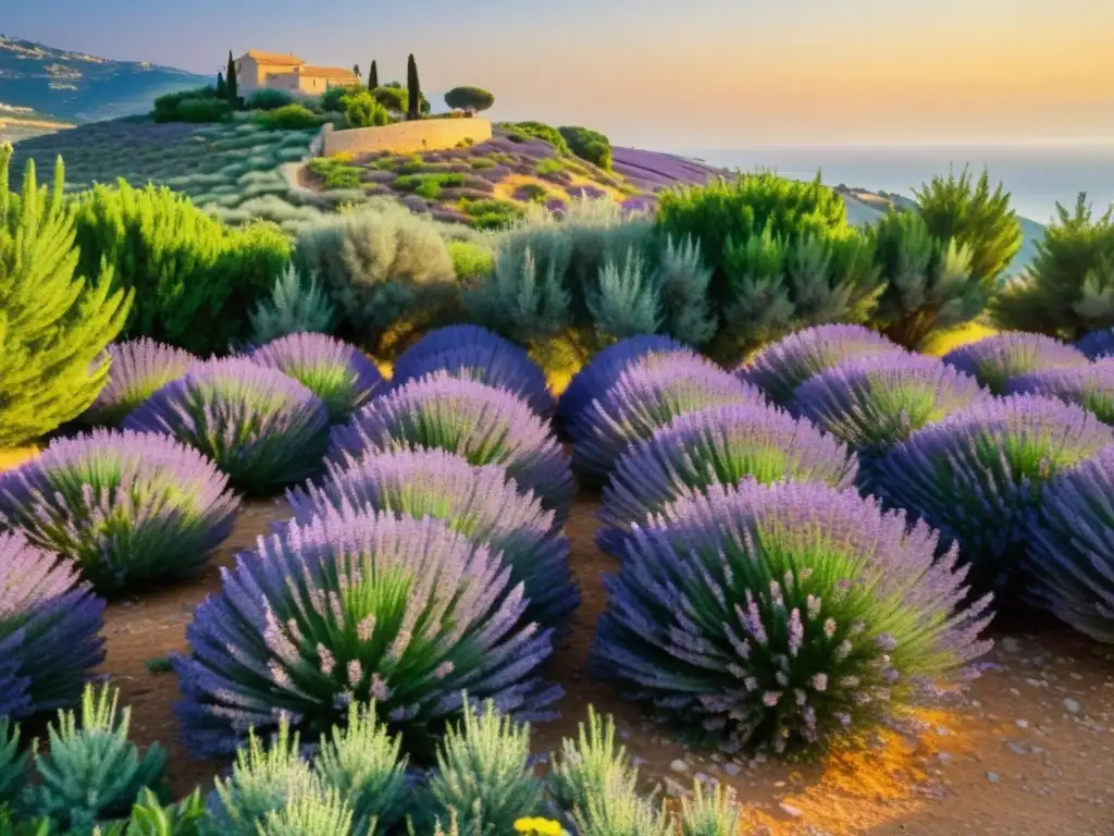 Un paisaje exuberante del Mediterráneo con plantas aromáticas: lavanda, romero, tomillo y salvia