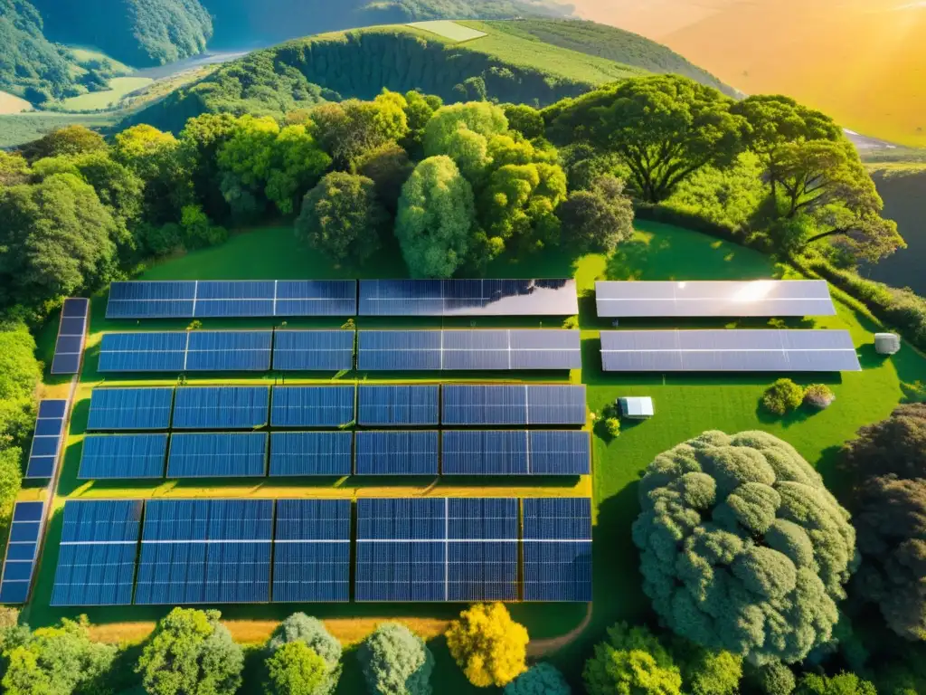 Un paisaje exuberante con paneles solares, integrados armoniosamente en la naturaleza