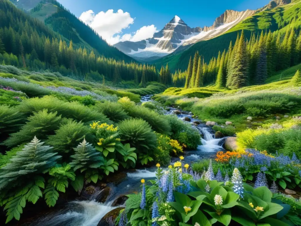 Un paisaje de montaña exuberante con plantas adaptadas a montaña, flores alpinas, árboles y un arroyo