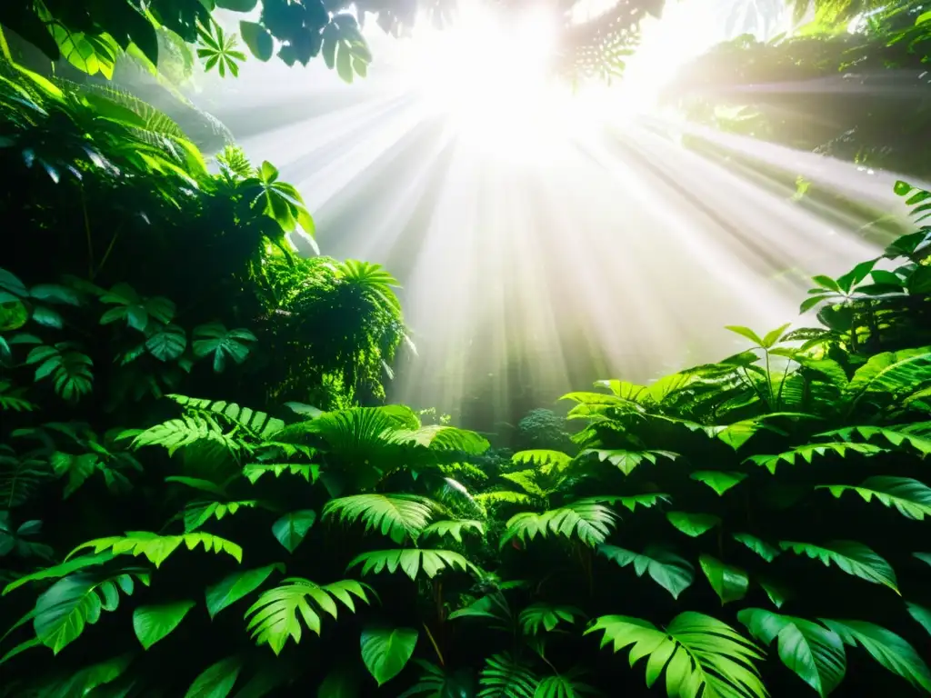 Un paisaje exuberante de la selva tropical, con luz filtrándose entre la densa vegetación