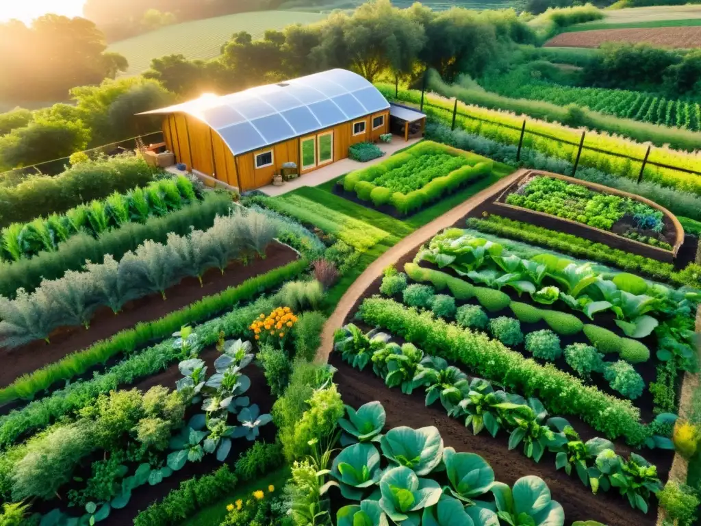 Un paisaje exuberante y sostenible de una granja de permacultura con acuaponía integrada, destacando la armonía entre la naturaleza y la agricultura