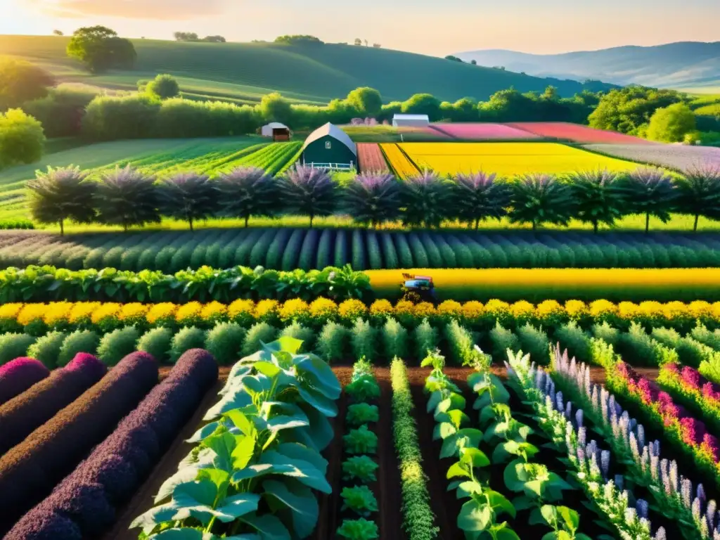 Granja orgánica vibrante y diversa: armonía sostenible Un paisaje exuberante y vibrante de una granja orgánica, con cultivos diversos y coloridos