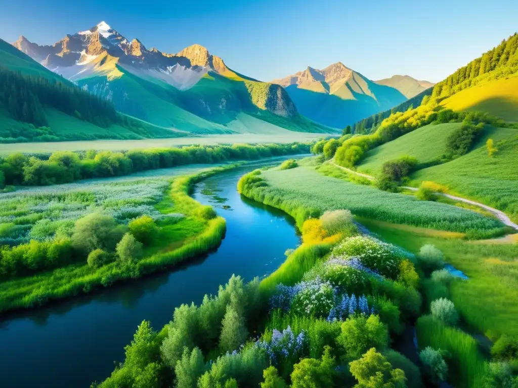 Un paisaje exuberante y vibrante con río serpenteante, árboles frondosos, flores silvestres y montañas majestuosas