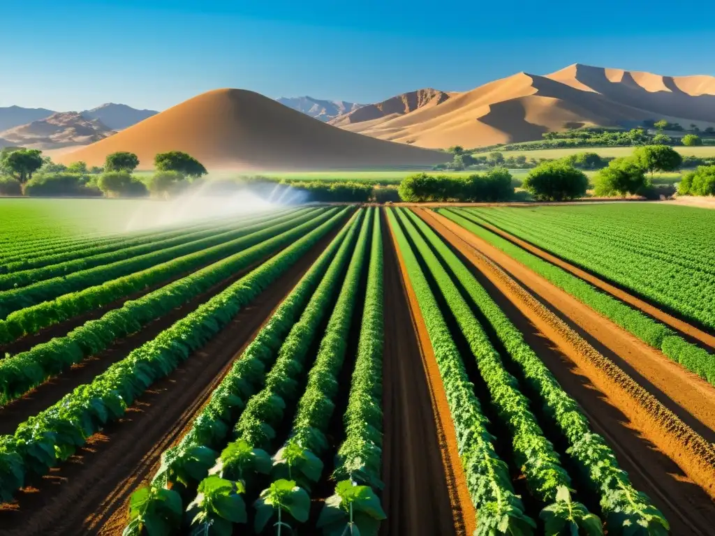 Un paisaje agrícola exuberante y vibrante con sistema de riego por goteo, resaltando la importancia del riego en ecosistemas