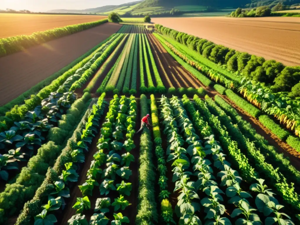 Un paisaje agrícola exuberante y vibrante con técnicas de agricultura de conservación, promoviendo ecosistemas saludables