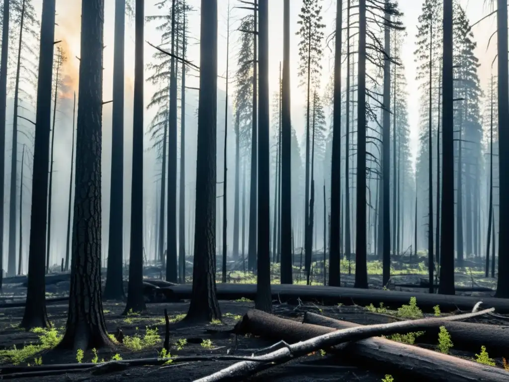 Un paisaje forestal denso con árboles y vegetación quemados, mostrando las repercusiones de los incendios forestales en los ecosistemas