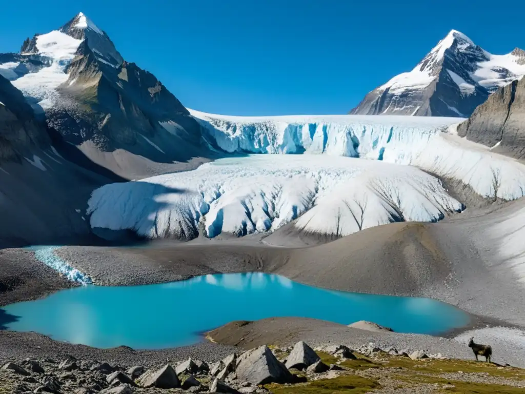 Un paisaje de montaña con un glaciar en retroceso, impactante resultado del derretimiento de glaciares en los ecosistemas de montaña