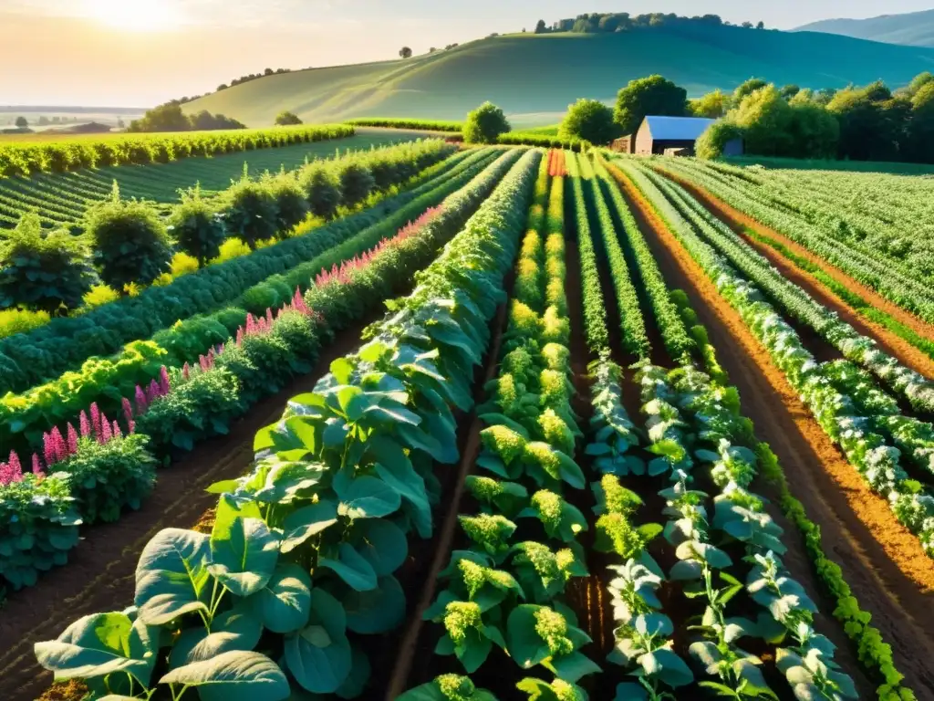 Un paisaje de granja orgánica con frutas y verduras coloridas, bañado por la cálida luz del sol