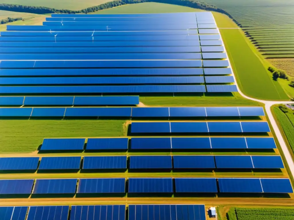 Un paisaje de granja solar con paneles brillantes, turbinas eólicas y personas discutiendo sobre educación en energías renovables sostenibles