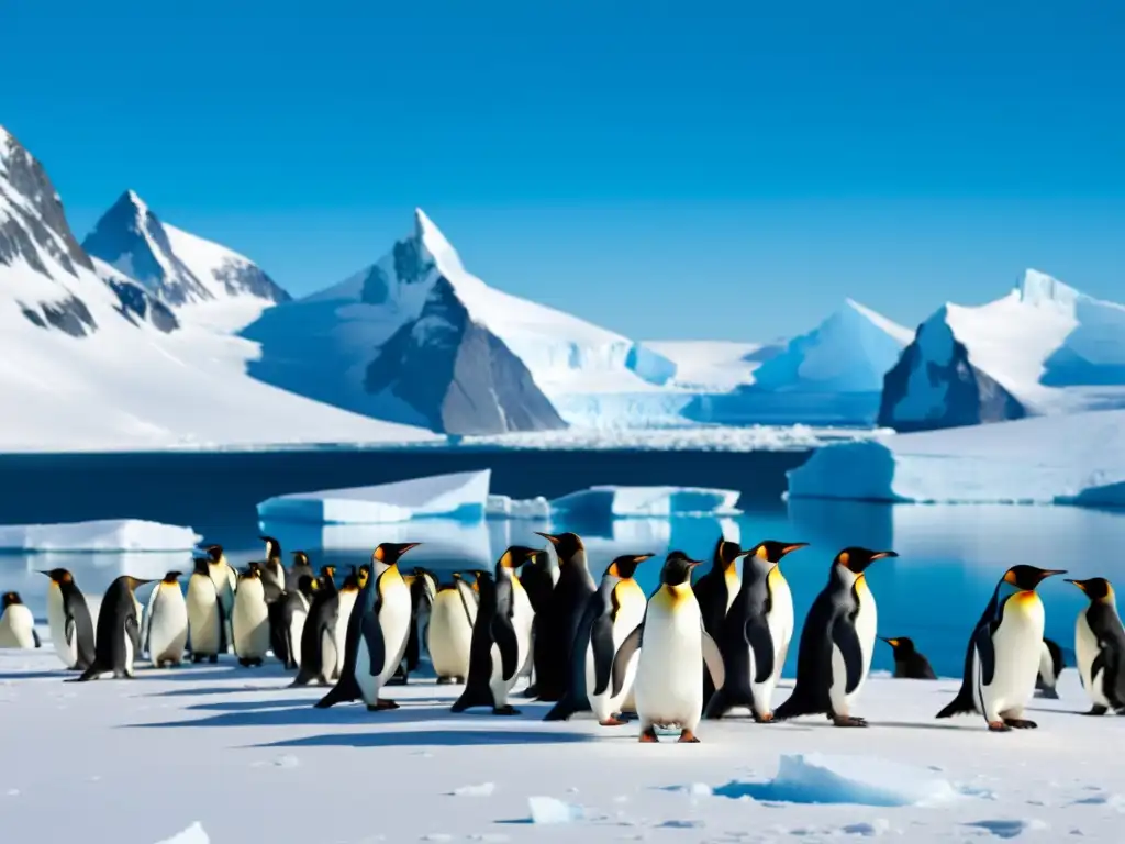 Un paisaje helado y majestuoso en la Antártida, con glaciares imponentes y pingüinos, resaltando la importancia del ecoturismo en la Antártida