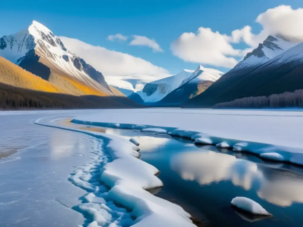 Un paisaje helado con montañas nevadas, un río congelado y un oso polar, muestra la adaptación de ecosistemas a eras de hielo