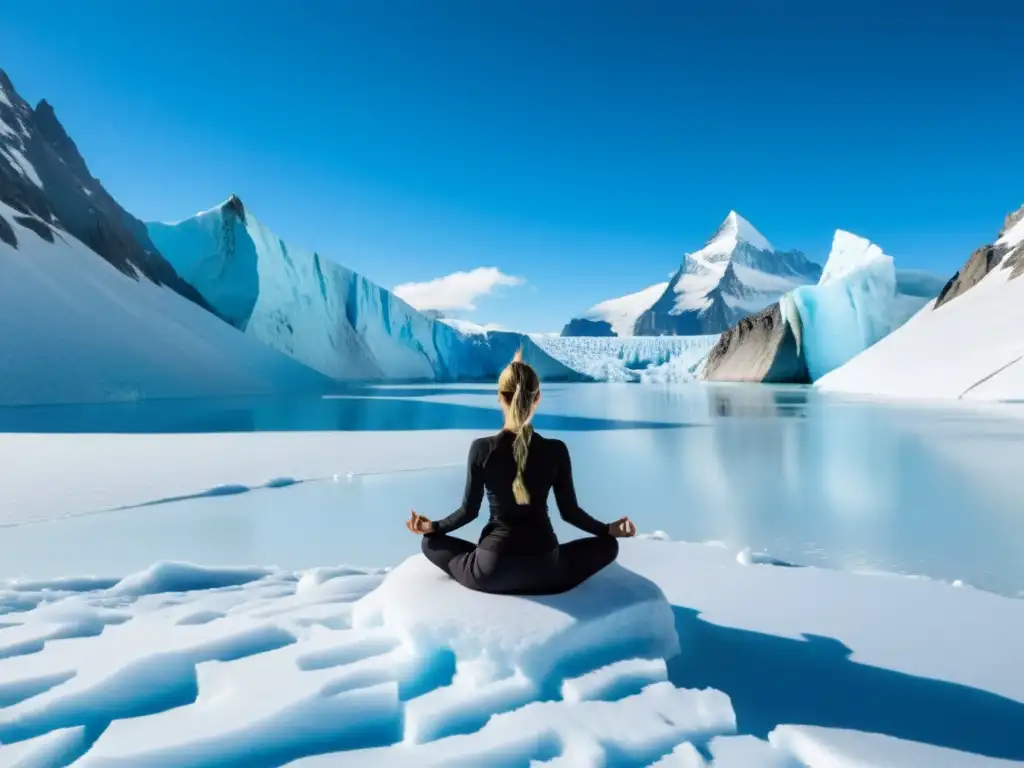 Un paisaje helado con una persona haciendo yoga entre glaciares, evocando serenidad y fuerza interior