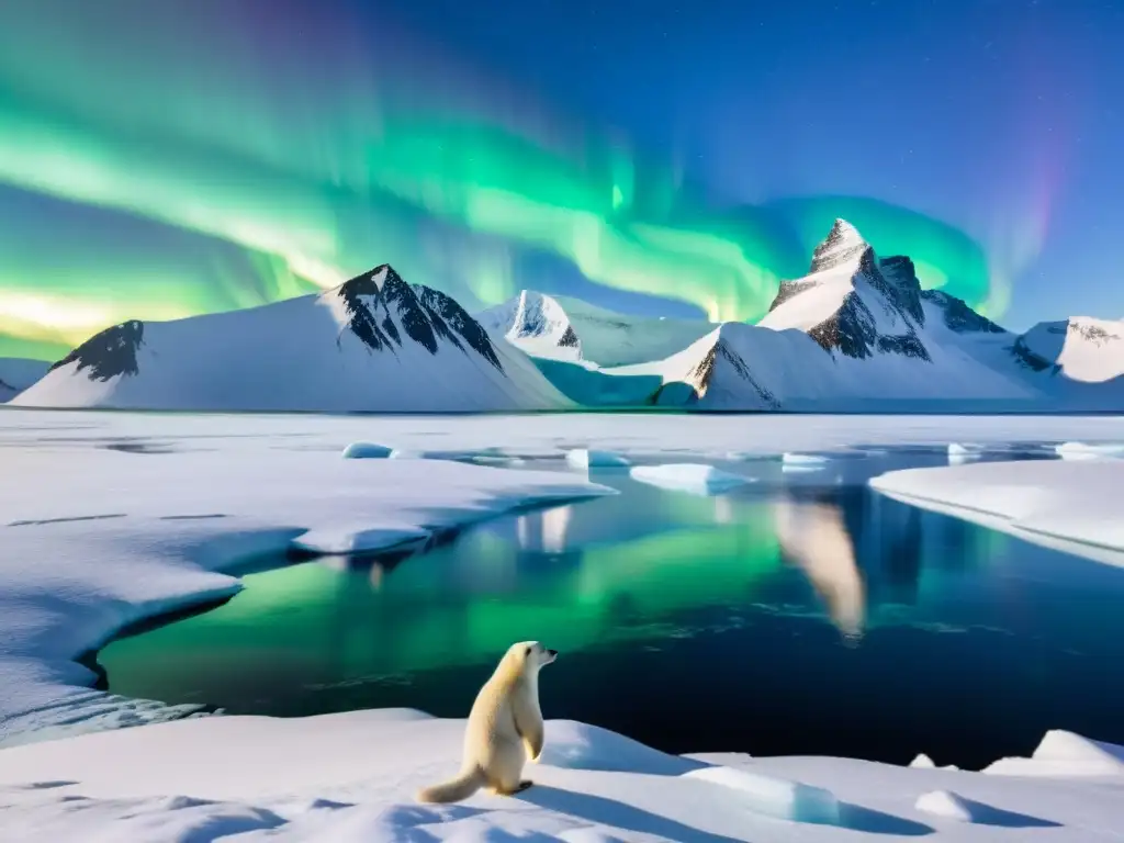 Un paisaje helado de tundra con montañas nevadas, un oso polar y pingüinos en un iceberg