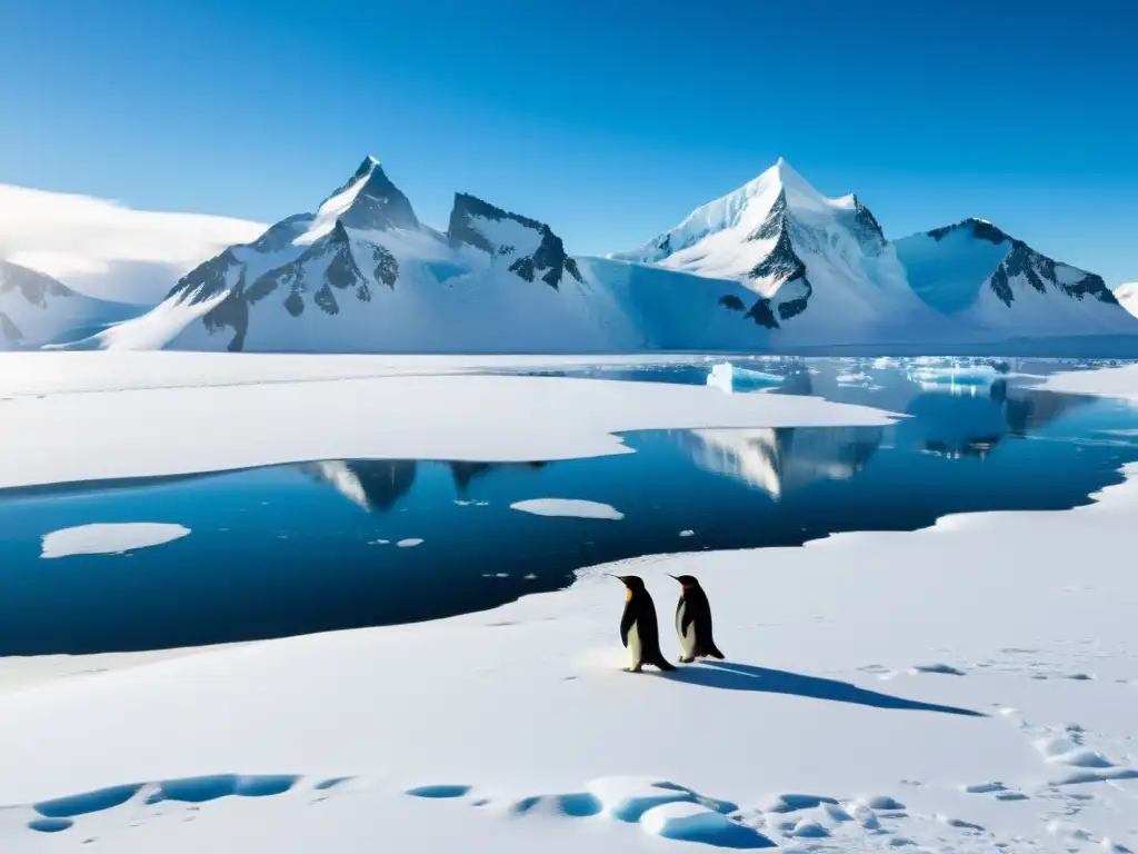 Un paisaje helado y vasto en la Antártida, con pingüinos entre la nieve