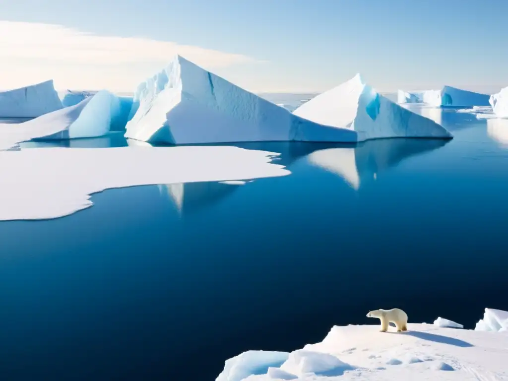 Un paisaje helado y vasto en el Ártico con icebergs relucientes y un oso polar, capturando la grandeza y los riesgos del deshielo Ártico