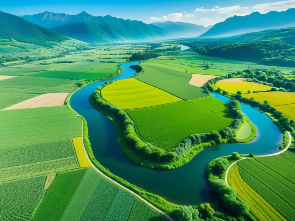 Un paisaje idílico de campo agrícola verde exuberante con un río serpenteante