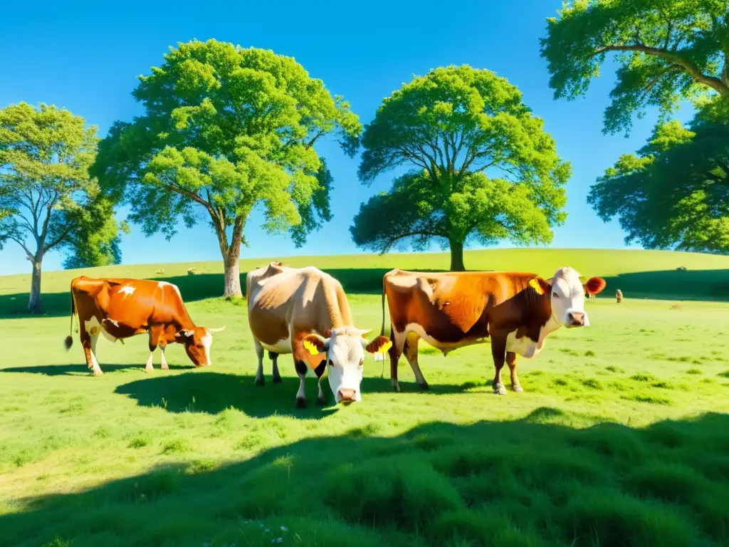 Un paisaje idílico de vacas pastando en un prado verde y sereno, transmitiendo la pureza de los productos orgánicos para la salud