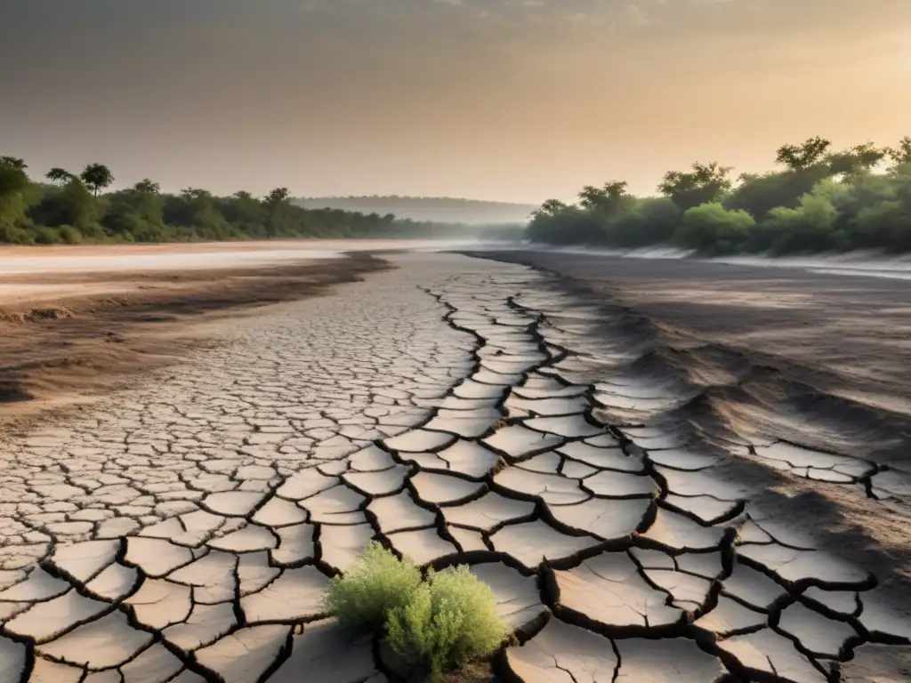 Un paisaje impactante muestra el efecto del cambio climático en ecosistemas, con un lecho de río seco y tierra reseca