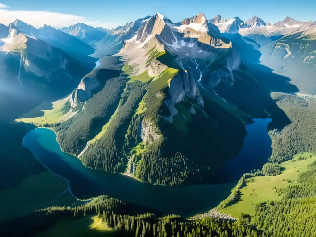 Un paisaje imponente de las Montañas Rocosas en 8k, con picos escarpados, prados alpinos y lagos glaciares, bañados por la luz matutina