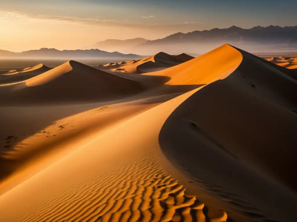 Un paisaje impresionante del desierto dorado al atardecer, con dunas de arena y un fotógrafo ajustando su cámara