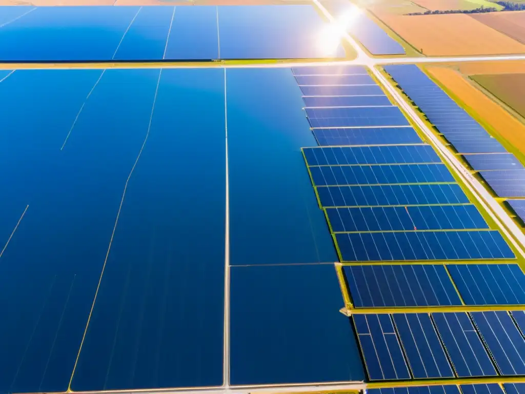 Un paisaje impresionante de una granja solar con miles de paneles brillando bajo el cielo azul