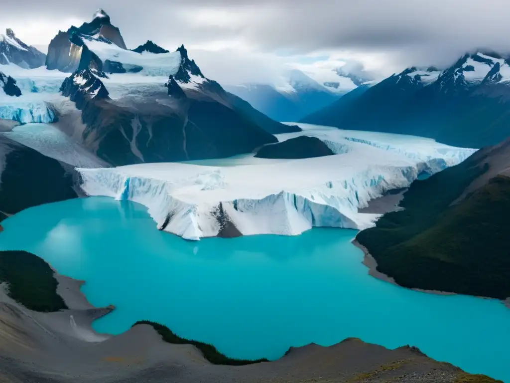 'Un paisaje impresionante de los picos nevados de los Andes de la Patagonia, con un glaciar que se extiende hacia un lago turquesa