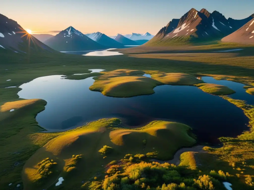 Un paisaje inspirador en la tundra ártica durante la hora dorada, con caribúes y lagos