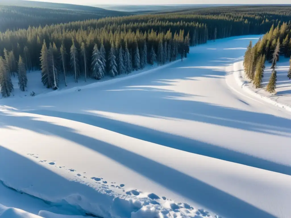 Un paisaje invernal en la taiga siberiana, con árboles cubiertos de nieve y el sol filtrándose entre ellos