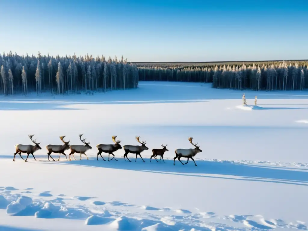 Un paisaje invernal de la taiga con bosques de coníferas, ciervos pastando