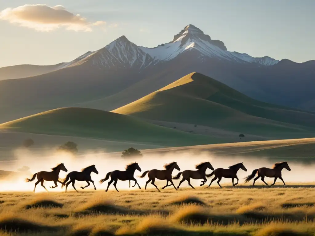 Un paisaje de estepa con luz dorada, caballos salvajes galopando y montañas etéreas