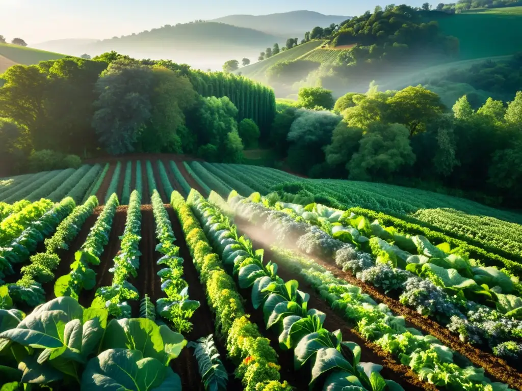 Un paisaje mágico de una granja orgánica vibrante, con hortalizas coloridas y exuberantes bañadas por la luz del sol