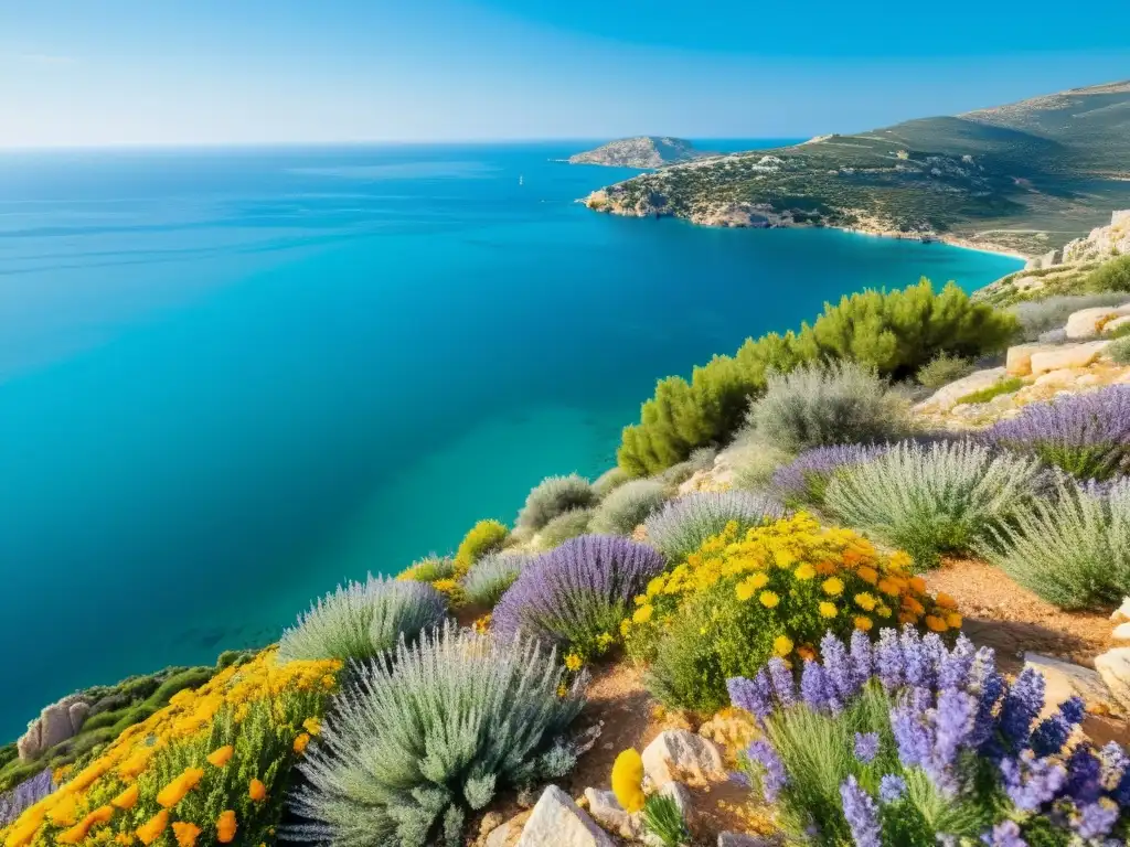 Un paisaje mediterráneo exuberante con plantas medicinales y biodiversidad, bañado por el sol