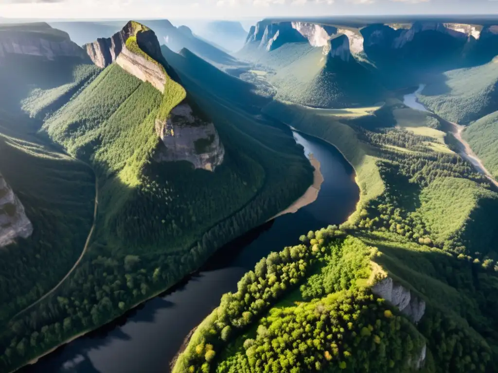 Un paisaje montañoso y agreste con bosques densos, ríos sinuosos y acantilados escarpados