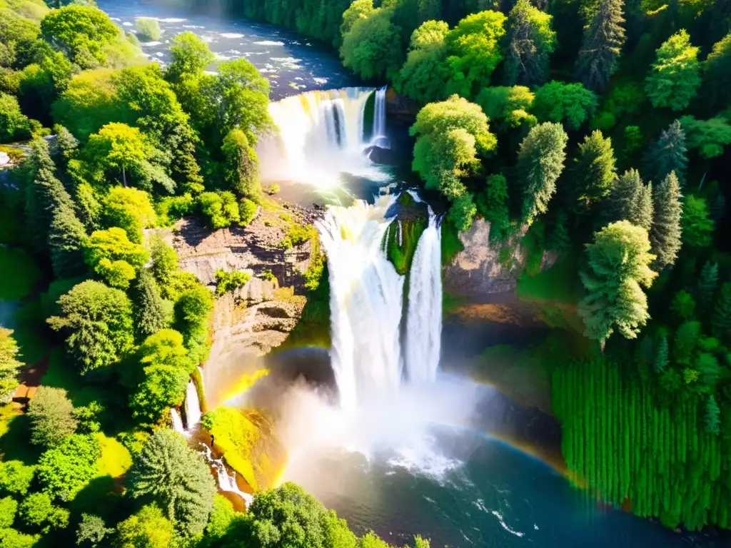 Un paisaje natural de cascadas en un bosque exuberante, irradiando armonía y revitalización espiritual a través del yoga