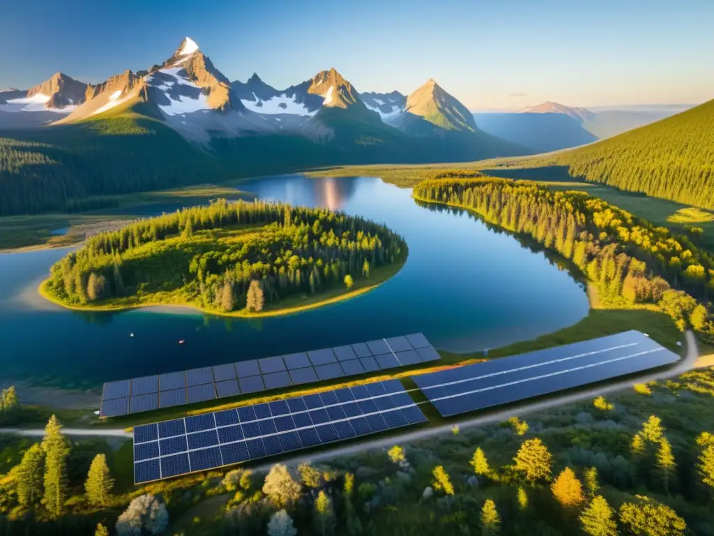 Un paisaje natural con paneles solares integrados discretamente, simbolizando la integración de la energía solar en la conservación de ecosistemas