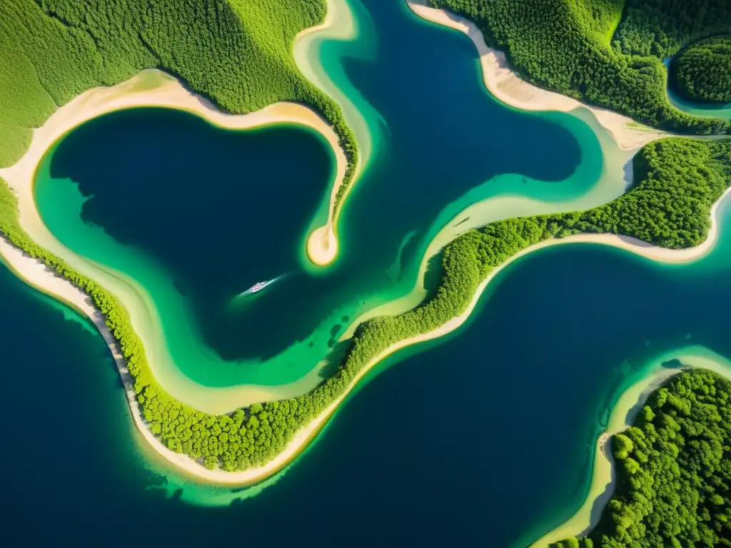 Un paisaje natural de ríos y lagos muestra su impacto en la geografía, con aguas cristalinas serpenteando entre exuberantes paisajes verdes