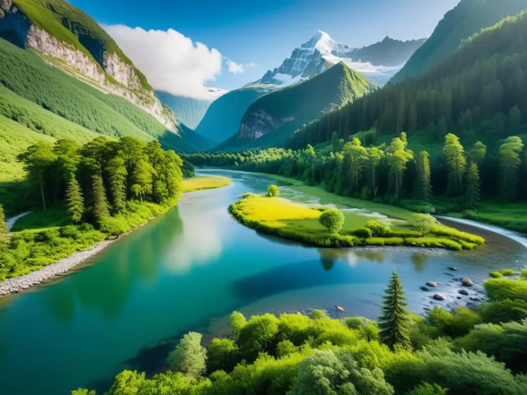 Un paisaje natural sereno, con un frondoso bosque, un río cristalino y majestuosas montañas nevadas