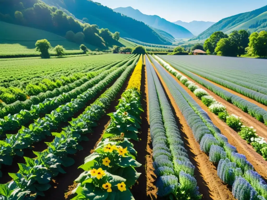 Un paisaje orgánico exuberante, con cultivos verdes y vida silvestre en armonía, ilustra el efecto de las elecciones alimentarias en la conservación