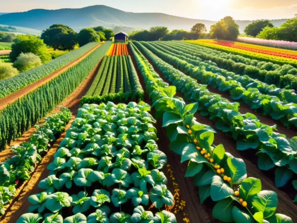 Un paisaje orgánico exuberante, con hileras de vegetales y frutas multicolores que se pierden en la distancia