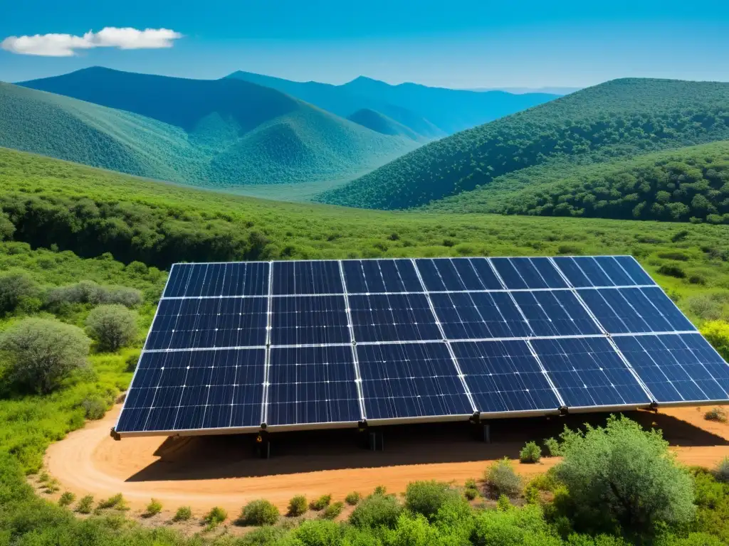 Un paisaje con paneles solares integrados en un ecosistema diverso, resaltando la energía solar en conservación de ecosistemas