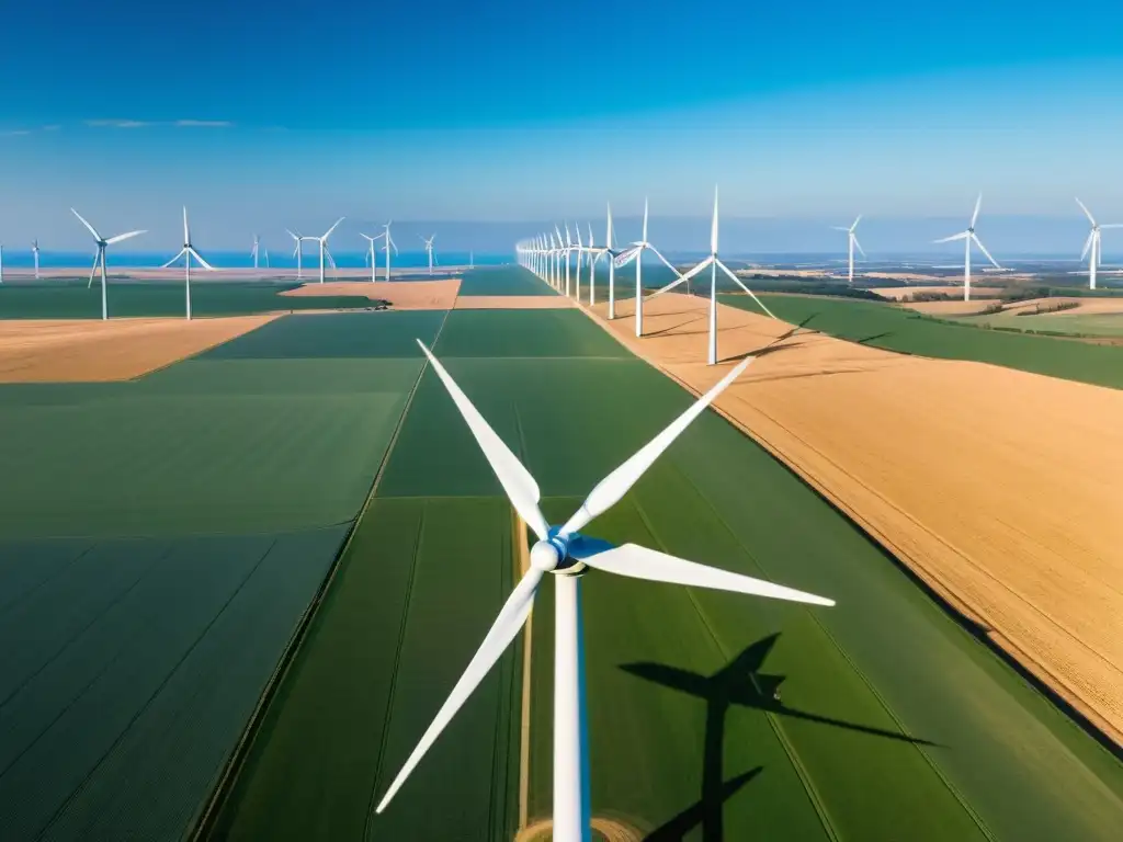 Un paisaje panorámico de un parque eólico en una llanura extensa, con molinos de viento girando en armonía bajo un cielo azul