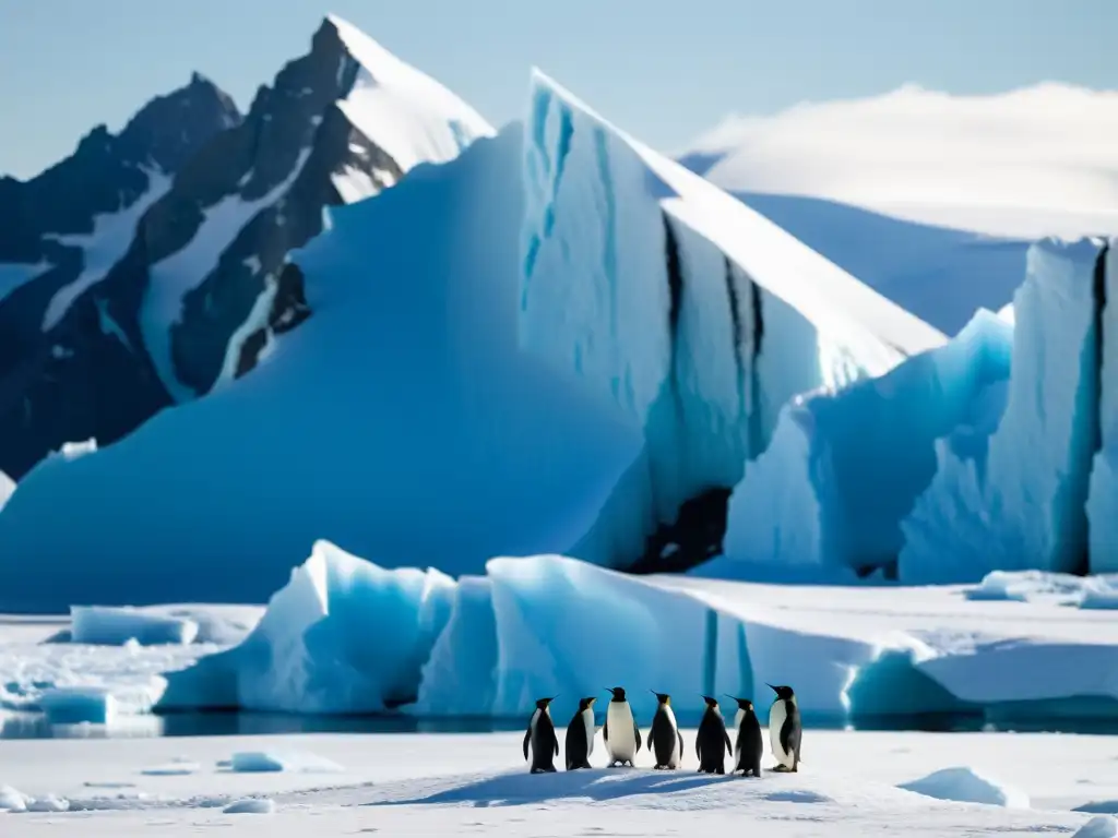 Un paisaje polar con glaciares azules y montañas nevadas, donde un grupo de pingüinos se reúne en un iceberg