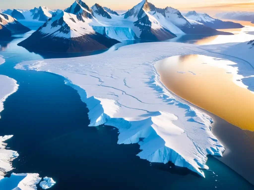 Un paisaje polar impresionante con montañas nevadas, glaciares y agua congelada, iluminado por la cálida luz del sol